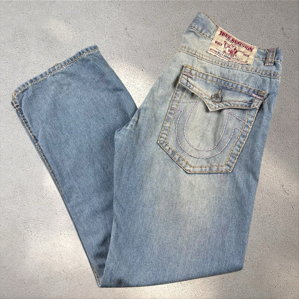 True Religion Billy Super T Jeans Mens 40x33 Blue Made‎ USA Distressed Bootcut
